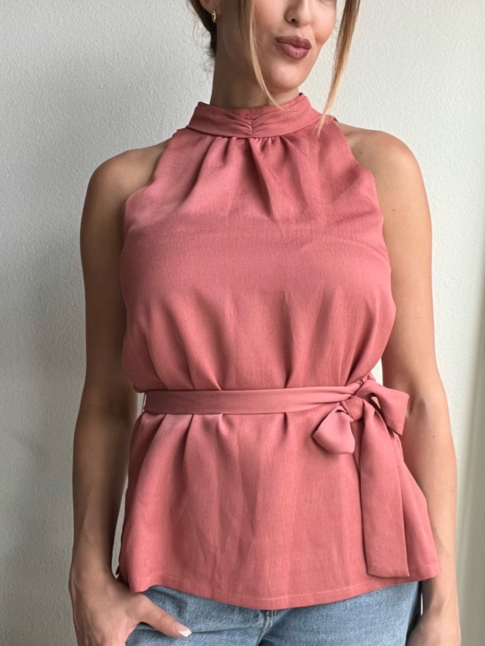 Papermoon Sleeveless High-Neck Tie-Waist Top in Rose